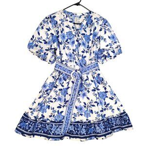 Beautiful Joie Puff Sleeve Floral Belted Dress Women 10 Blue White Fun & Flirty